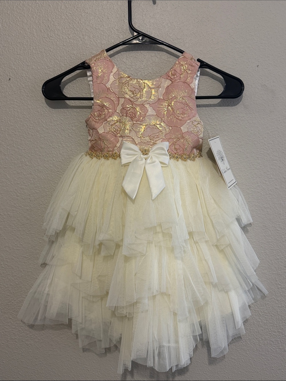 Couture Princess Girls Floral Tiered Tulle Gold Flower Party Dress Bow